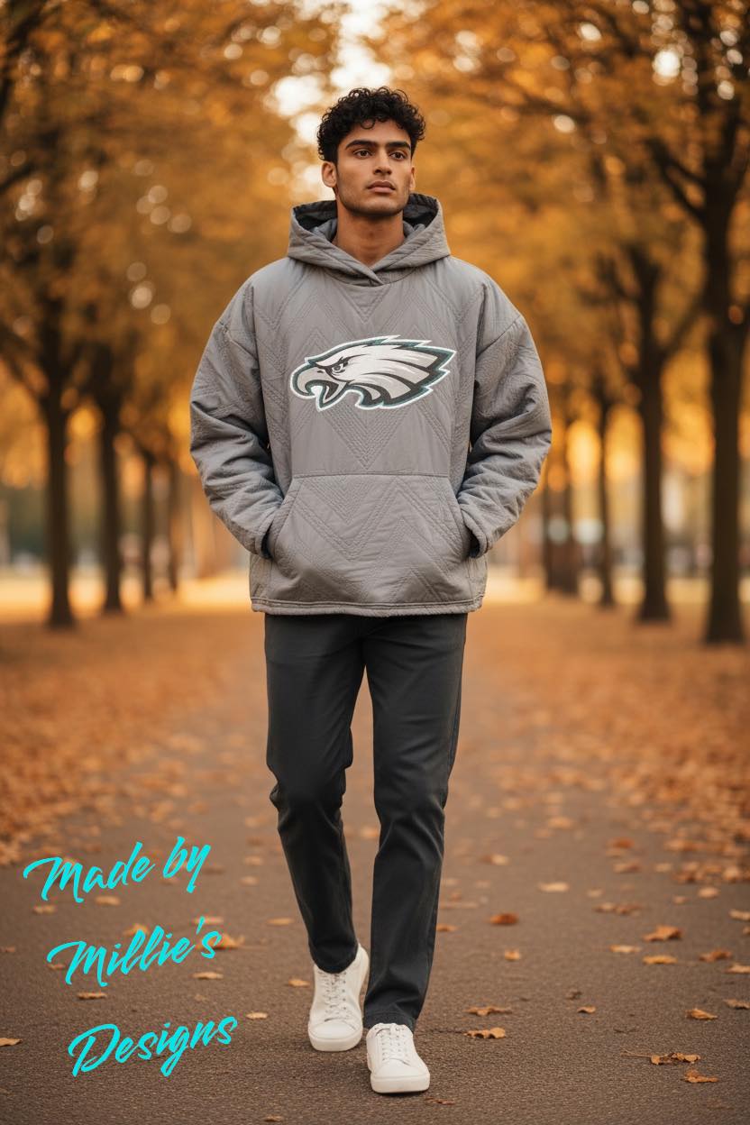 Oversized Upcycled Gray Quilted Football Team Hoodie Unisex