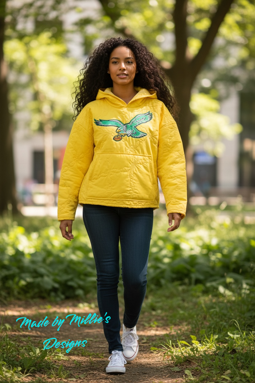 Oversized Upcycled Yellow Quilted Football Team Hoodie