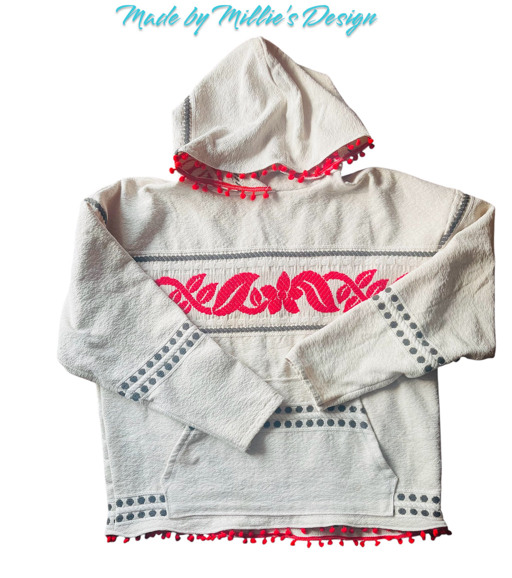 Oversized Upcycled Red Pom Pom Hoodie