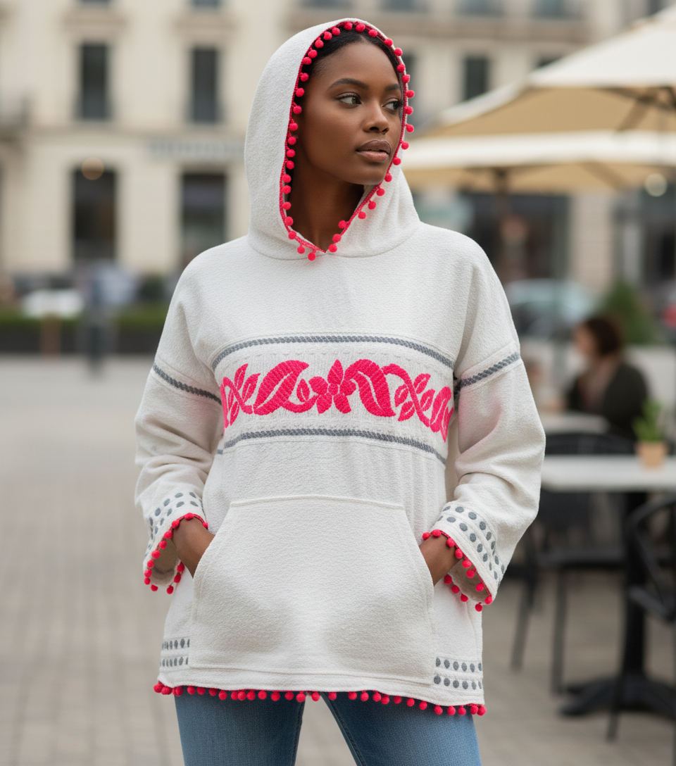 Oversized Upcycled Red Pom Pom Hoodie