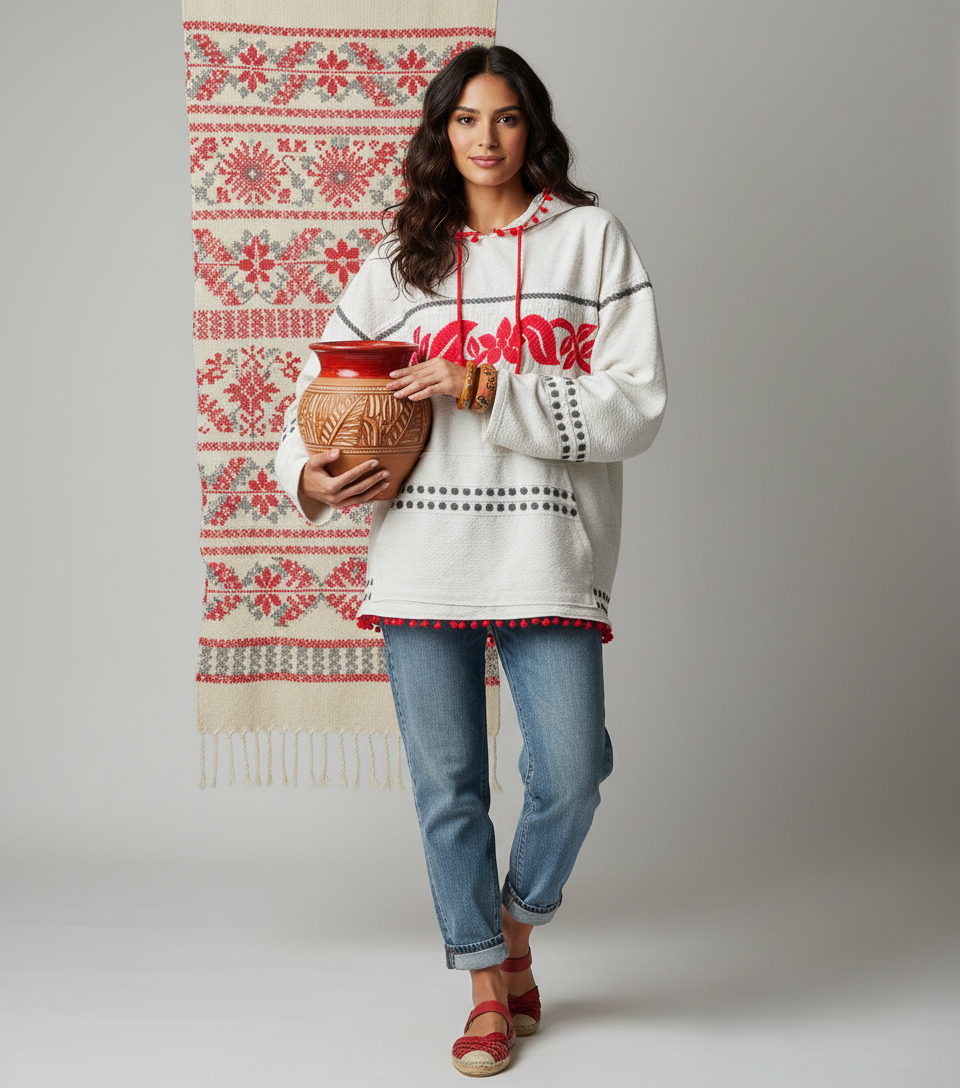 Oversized Upcycled Red Pom Pom Hoodie